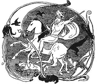 Odin avec ses corbeaux Huginn et Muninn et ses loups Geri et Freki - Illustration par Lorenz Frølich