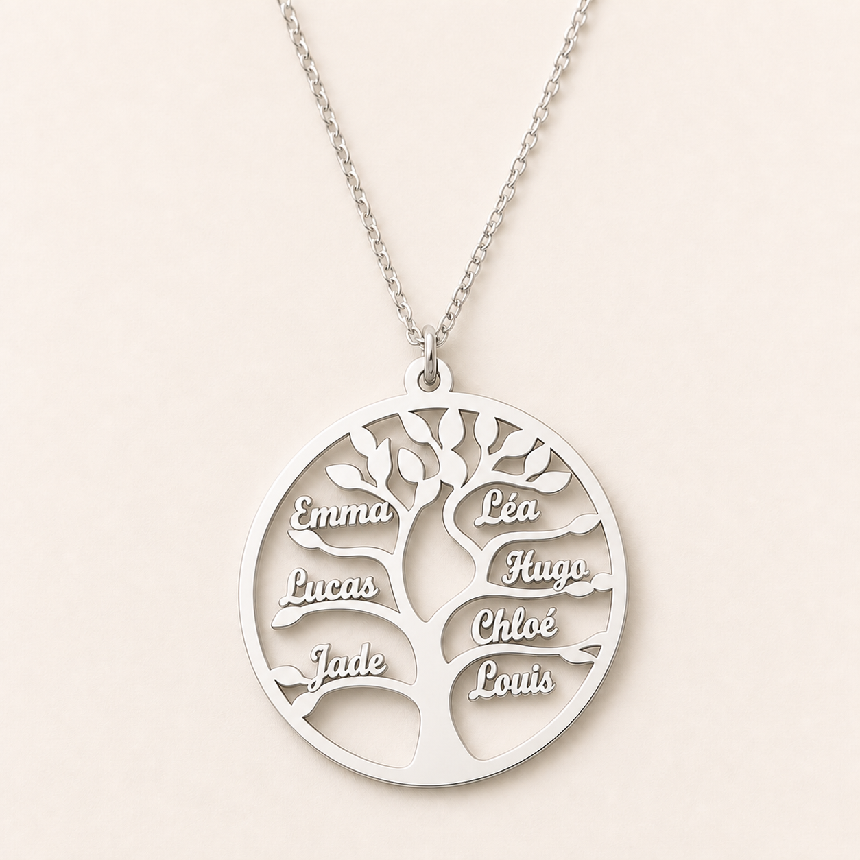 Collier Arbre de Vie personnalisable avec prénoms français, finition argentée