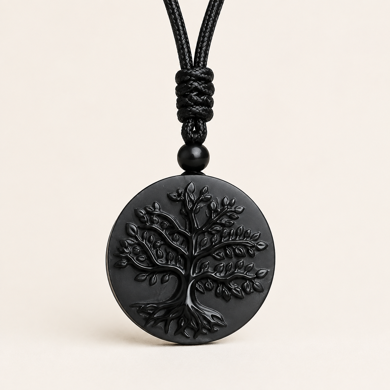 Collier Arbre de Vie en obsidienne naturelle avec pendentif rond noir
