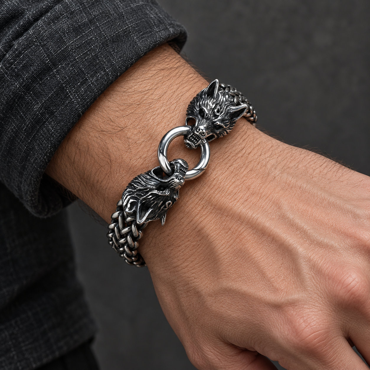 Bracelet Viking à deux têtes de loup porté au poignet - Univers Celtique